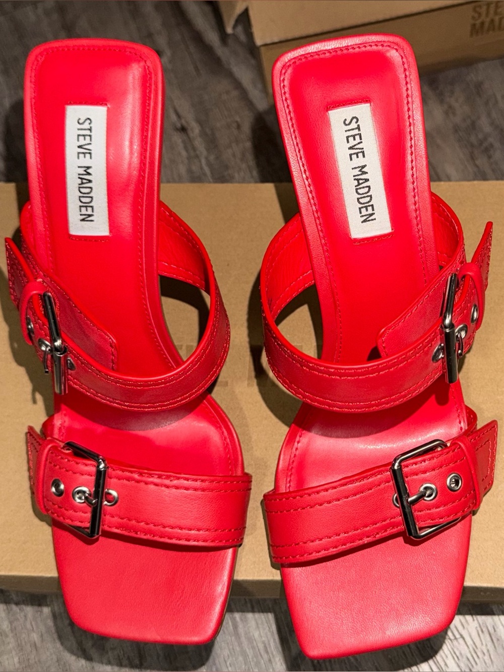Steve Madden Joyous Red Buckle Strap Square Toe Heeled Mules size 9.5